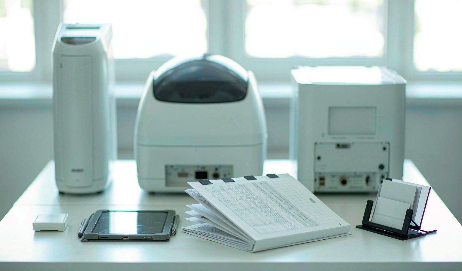 Distributor meeting table with instruments, a technical folder and a tablet