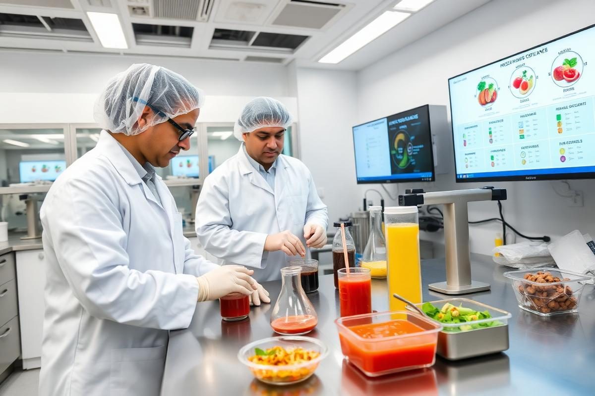 Food and beverage samples in jars beside an analytical balance