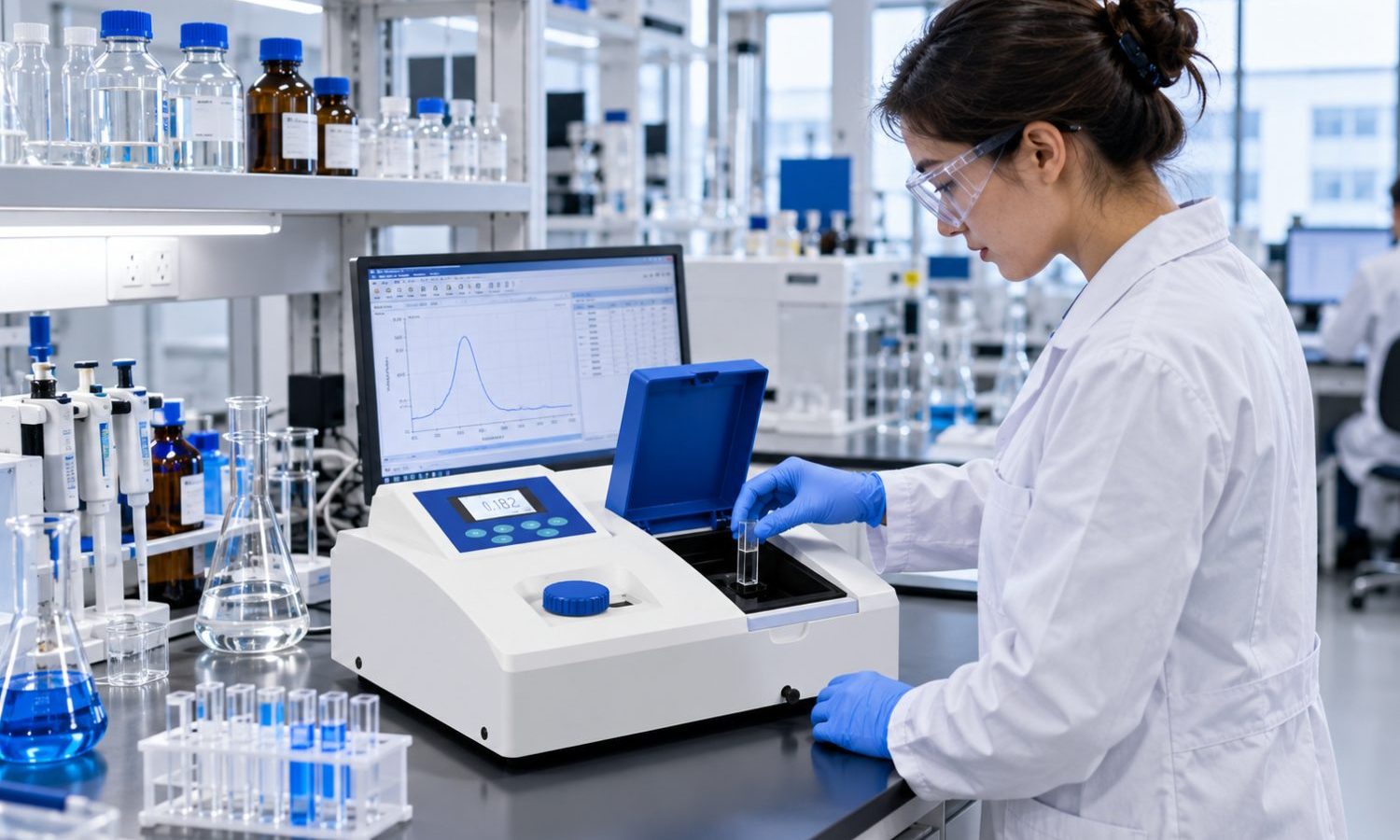 Laboratory bench with a spectrophotometer, cuvette racks and a microscope in soft daylight